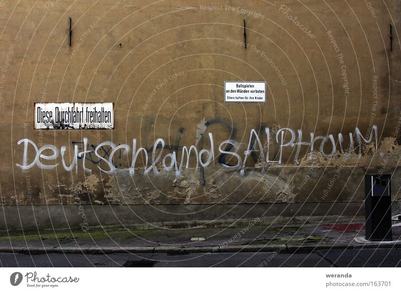 Deutschlands Alptraum Wand Straße Putz Schimmelpilze grün Schilder & Markierungen Text Graffiti grau braun Ball Spielen Verbote trist Mauer Hof