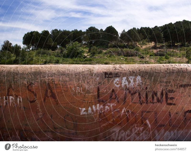 Narrenhände Natur Baum Wald Hügel Bauwerk Mauer Wand Stein Schriftzeichen Graffiti alt Wärme braun rot Marokko Trennwand Trennung Information Buchstaben