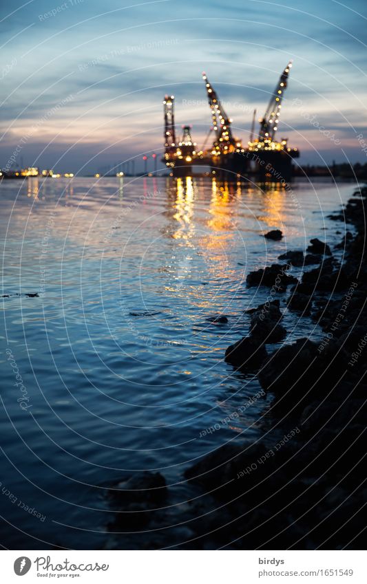 Nachtschicht Wirtschaft Güterverkehr & Logistik Dienstleistungsgewerbe Technik & Technologie Windkraftanlage Kran Nachthimmel Küste Flussufer Meer