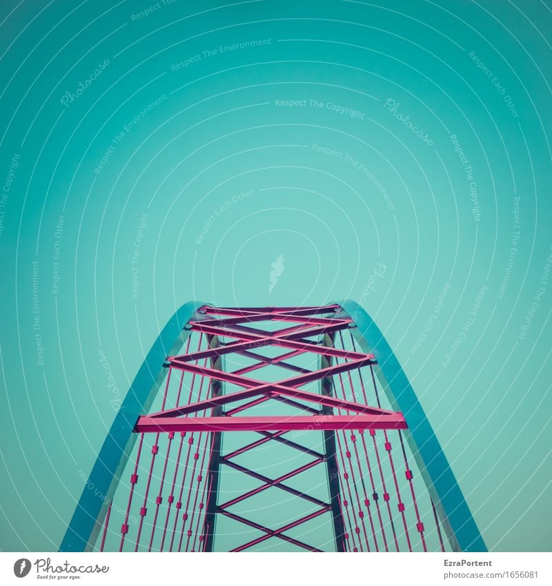 Streben Technik & Technologie Himmel Wolkenloser Himmel Brücke Architektur Verkehrswege Metall Stahl Linie Streifen ästhetisch blau rot Kraft Vertrauen