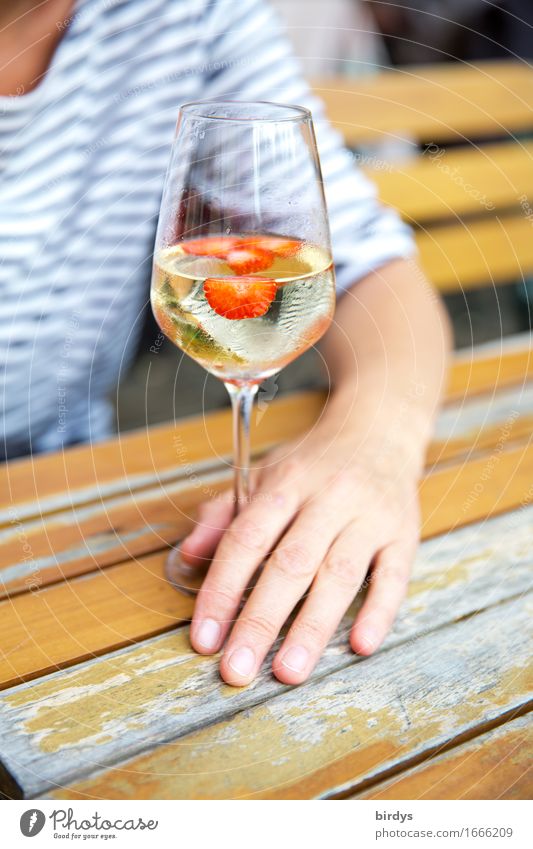 Auszeit Erdbeeren Getränk Alkohol Wein Bowle Weinglas Lifestyle Wohlgefühl Erholung Gartentisch Lounge trinken feminin Frau Erwachsene Arme Hand 1 Mensch