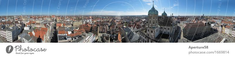 Augsburg, vom Perlachturm aus gesehen;360 Grad Panorama Stadt Stadtzentrum Altstadt bevölkert Dom Platz Marktplatz Rathaus Turm Bauwerk Gebäude Architektur