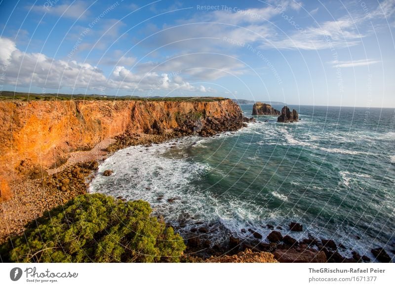Küste Umwelt Natur Landschaft Wasser blau braun gelb gold türkis weiß Portugal Algarve Klippe Felsen Meer Gischt Stimmung Ferien & Urlaub & Reisen Ferne