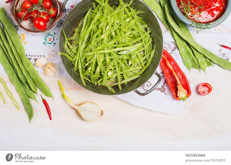 Geschnittene grüne Bohnen Lebensmittel Gemüse Kräuter & Gewürze Ernährung Festessen Bioprodukte Vegetarische Ernährung Diät Geschirr Topf Stil Design Gesundheit
