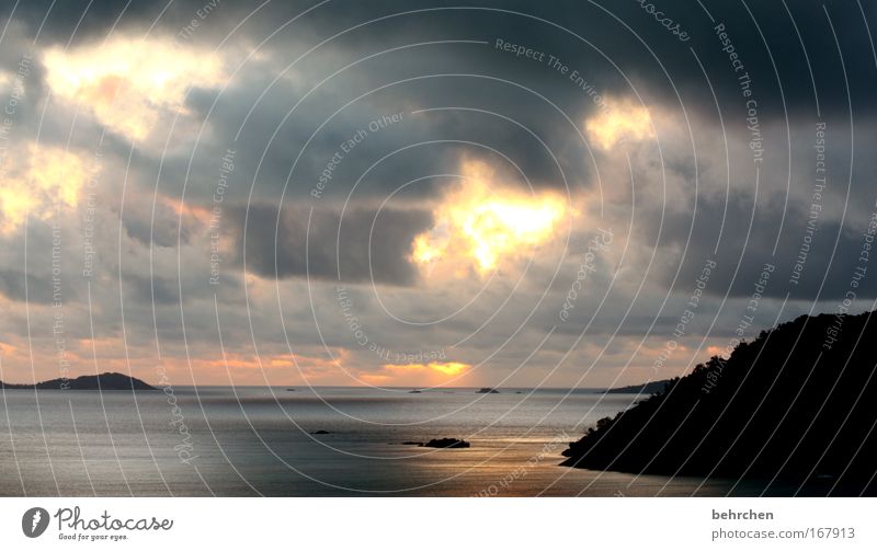 das spiel des engels Farbfoto Außenaufnahme Morgendämmerung Sonnenlicht Sonnenstrahlen Sonnenaufgang Sonnenuntergang Himmel Wolken Wellen Küste Strand Bucht