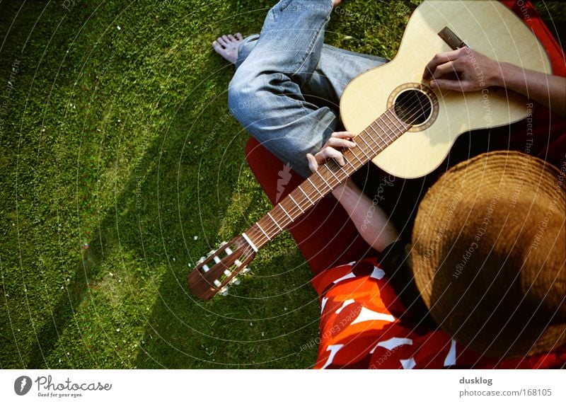 Finn Farbfoto mehrfarbig Außenaufnahme Sonnenlicht Vogelperspektive Freude Freizeit & Hobby Sommer Insel Mensch maskulin 1 Musik Gitarre Wiese Holz Musik hören