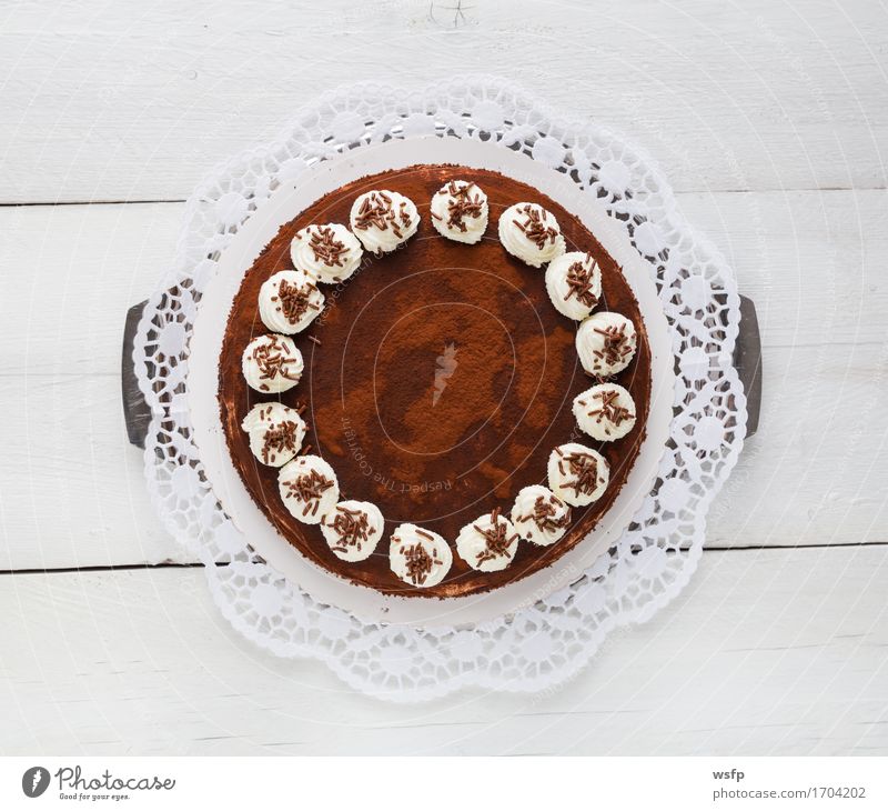 Tiramisu Torte auf weißem Holz rustikal Kuchen Dessert Schokolade Schaumgebäck Sahne Tortenspitze Backwaren backen Biskuit Minze süßes weißer Holztisch Landhaus