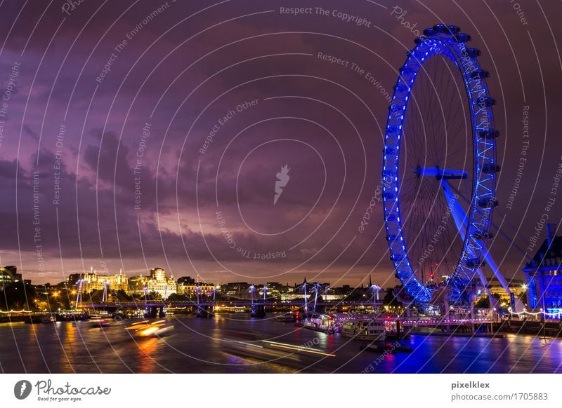 London Eye an der Themse Ferien & Urlaub & Reisen Tourismus Ausflug Sightseeing Städtereise Nachtleben Wasser Himmel Wolken Nachthimmel Horizont Sonnenaufgang