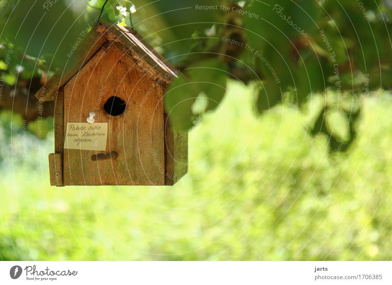 "pakete bitte beim nachbarn abgeben" Haus Hütte Zettel hängen klein Häusliches Leben Information Futterhäuschen Zustellung Paket Paketbote Paketdienst Holzhaus