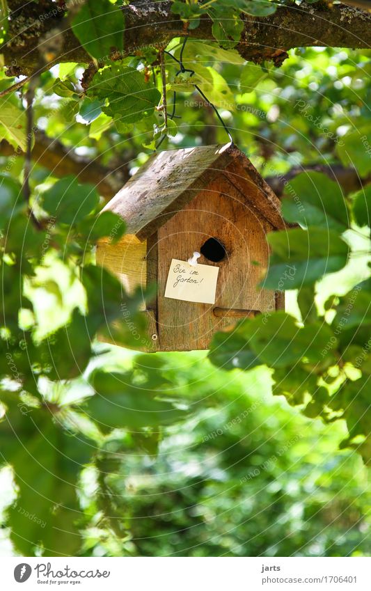 bin im garten ! Baum Blatt Garten Park Haus Hütte Zettel Holz Natur Häusliches Leben Information Freizeit & Hobby Erholung Pause Futterhäuschen Farbfoto