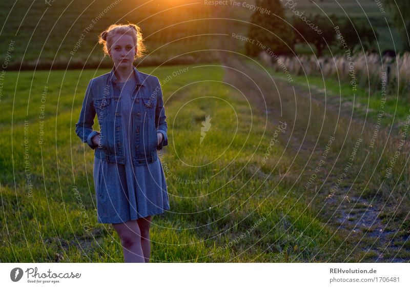 Alexa | im Abendlicht Ausflug Mensch feminin Junge Frau Jugendliche 1 18-30 Jahre Erwachsene Umwelt Natur Landschaft Gras Wiese Feld Kleid Jacke