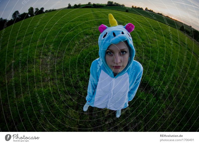künstlich | Einhorn Mensch feminin 1 18-30 Jahre Jugendliche Erwachsene Umwelt Natur Landschaft Wiese Feld stehen warten Fabelwesen Kostüm Karnevalskostüm Anzug