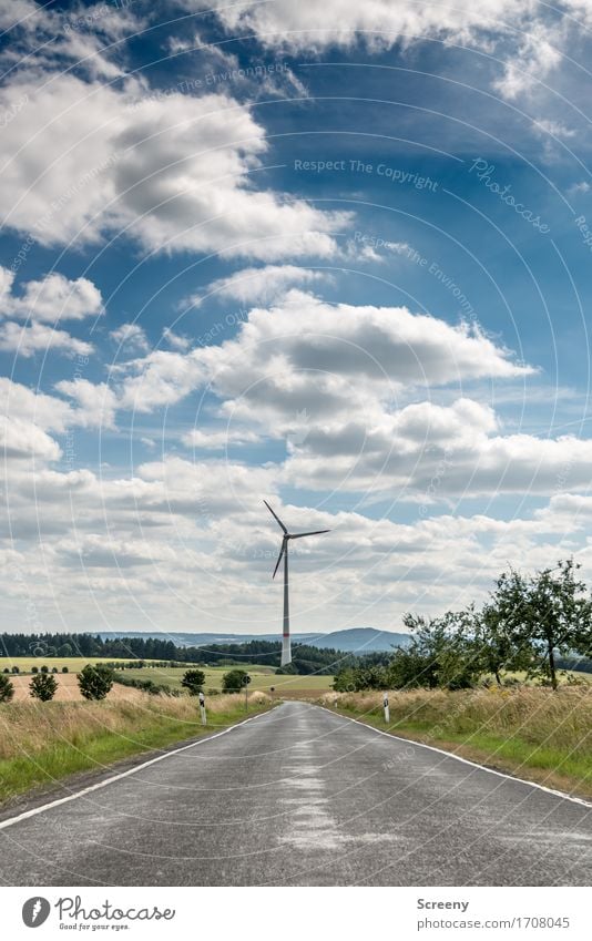Zur Energie, da lang... Energiewirtschaft Erneuerbare Energie Windkraftanlage Natur Landschaft Himmel Wolken Sommer Schönes Wetter Gras Sträucher Wiese Feld