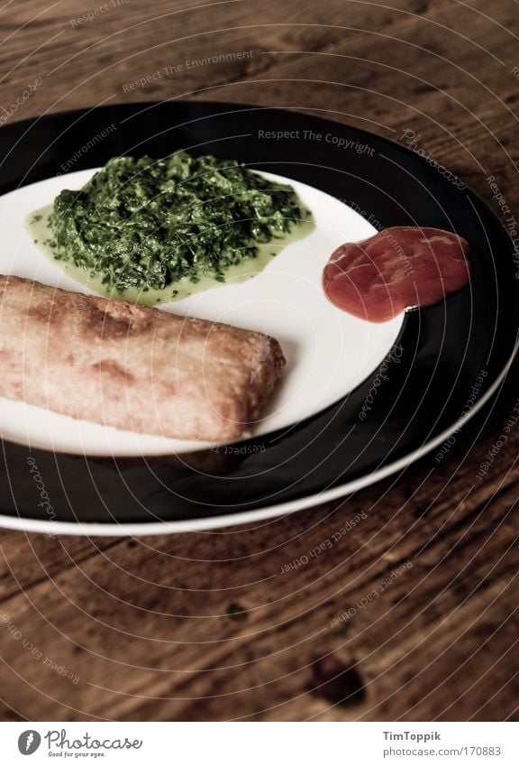 3-Komponenten-Essen Innenaufnahme Lebensmittel Fisch Gemüse Ketchup Fischgericht Schweinefilet Tiefkühlkost Spinat Spinatblatt Ernährung Mittagessen Fastfood
