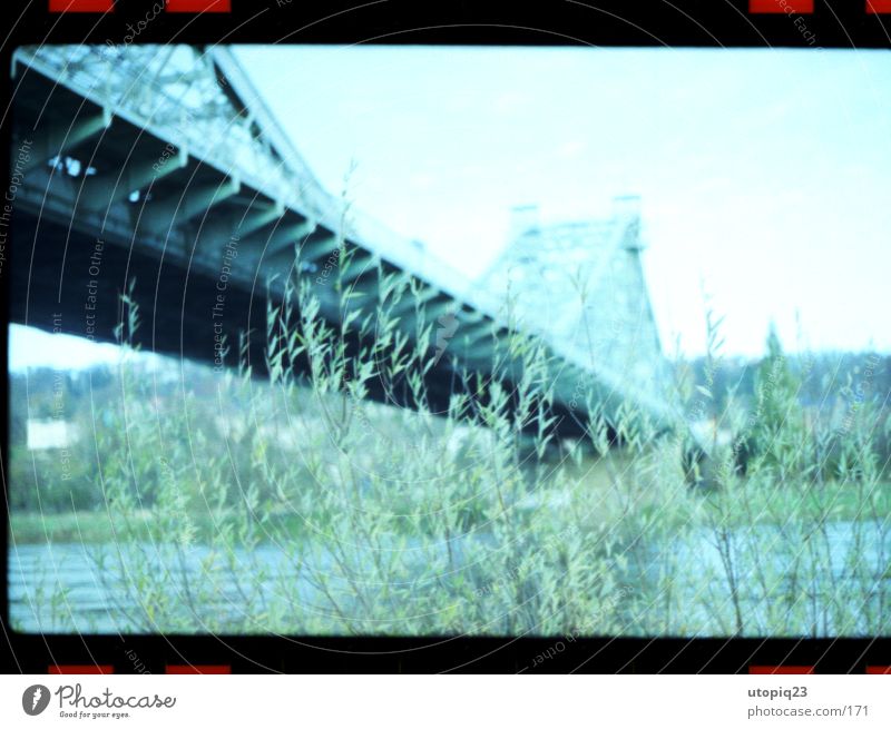 Blaues Wunder Wasser Brücke Architektur kalt blau grün Flussufer Überqueren Dresden Sehenswürdigkeit Gedeckte Farben Außenaufnahme Experiment Polaroid
