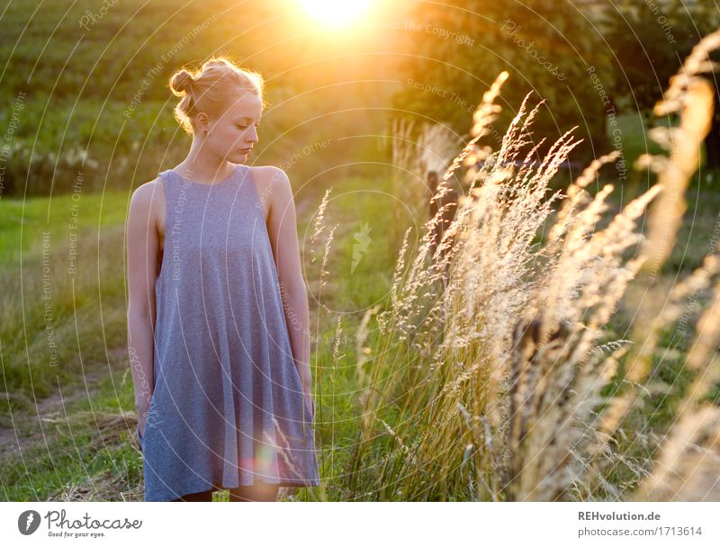 Alexa | im Abendlicht Sommer feminin Junge Frau Jugendliche 1 Mensch 18-30 Jahre Erwachsene Umwelt Natur Landschaft Wiese Feld Kleid Haare & Frisuren blond