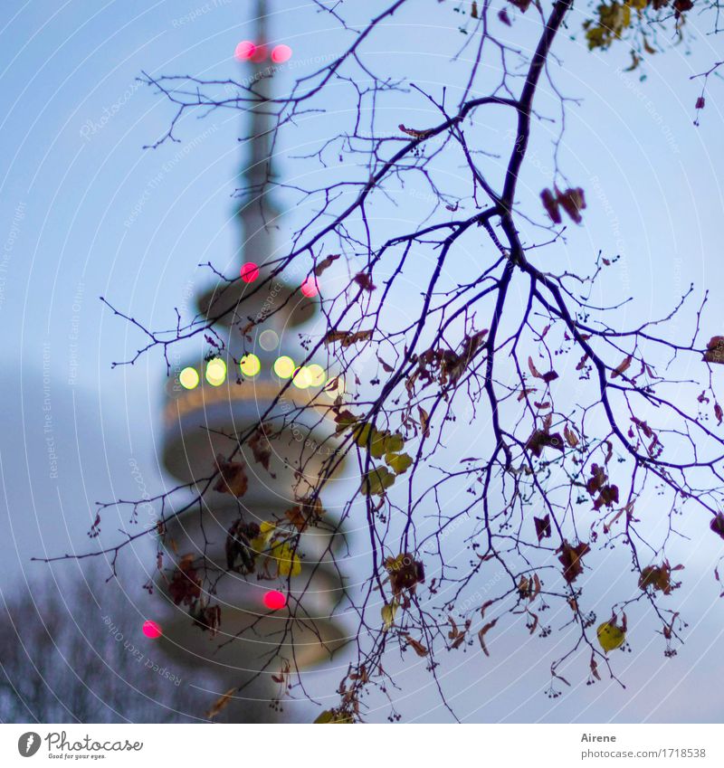 übersichtlich München Stadt Hauptstadt Turm Sehenswürdigkeit Wahrzeichen Fernsehturm Olympiazentrum Olympiaturm Olympiapark leuchten hoch schön blau gold grau