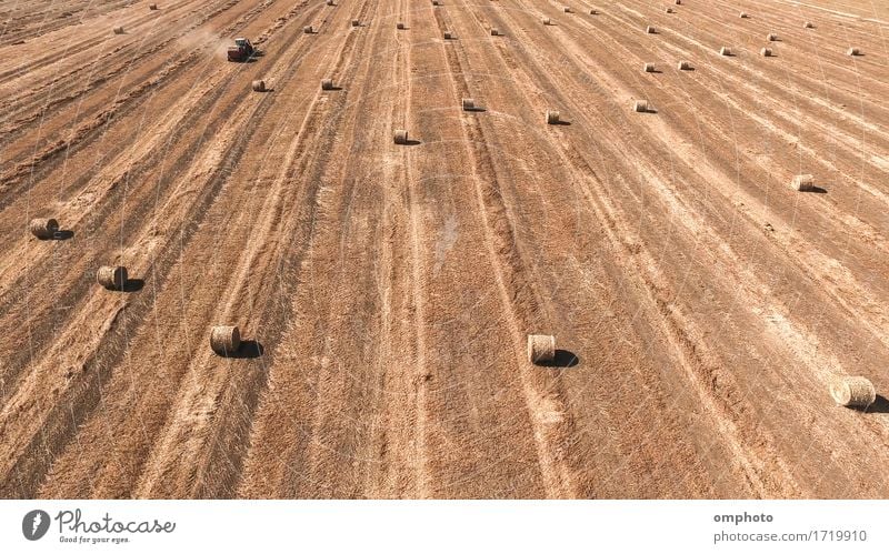 Luftbild einer Traktor-Strohballenpresse bei der Arbeit auf einem landwirtschaftlichen Feld Sommer Arbeit & Erwerbstätigkeit Industrie Maschine Natur Landschaft