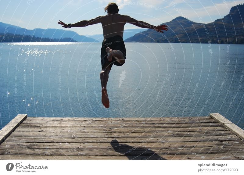 Jump into cold water Farbfoto Außenaufnahme Textfreiraum links Textfreiraum rechts Tag Licht Schatten Kontrast Silhouette Reflexion & Spiegelung Sonnenlicht