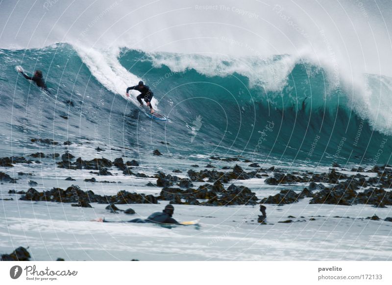 surfer takes off Farbfoto Außenaufnahme Dämmerung Silhouette Zentralperspektive Wassersport Surfen Wind Wellen Riff Sport bedrohlich Mut kalt Kelp Südafrika
