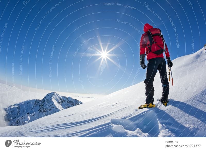 Bergsteiger an der Spitze eines schneebedeckten Berges Abenteuer Expedition Sonne Winter Schnee Berge u. Gebirge Sport Klettern Bergsteigen Erfolg Mann