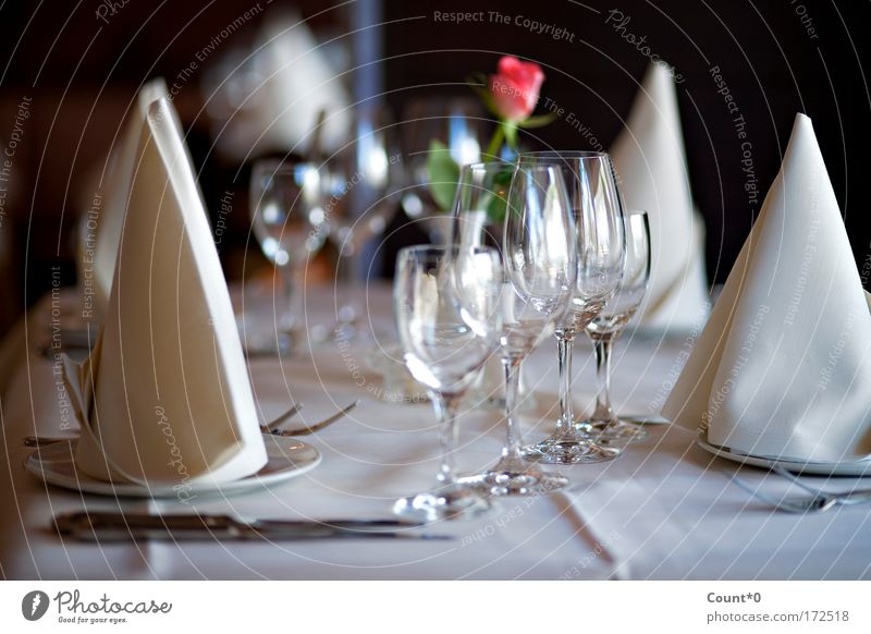Gedeckter Tisch mit Rose Farbfoto Gedeckte Farben Innenaufnahme Nahaufnahme Detailaufnahme Menschenleer Schatten Abendessen Festessen Geschäftsessen Geschirr