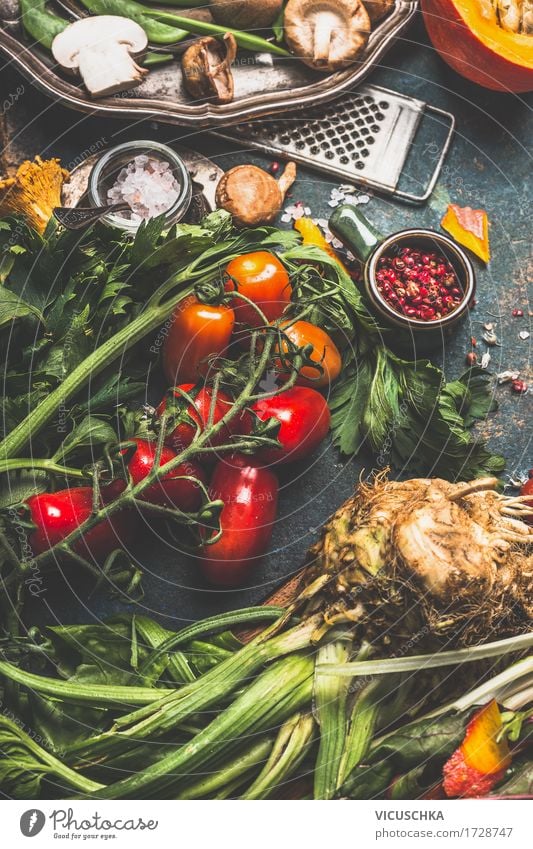 Vegetarisch Kochen mit Bio Gemüse Lebensmittel Kräuter & Gewürze Ernährung Bioprodukte Vegetarische Ernährung Diät Geschirr Stil Design Gesundheit