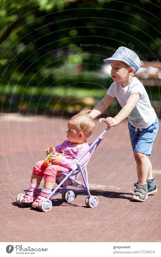 Junger Junge schiebt kleine Schwester in einem Baby-Kinderwagen Sommer Garten Mädchen Familie & Verwandtschaft Kindheit 2 Mensch 1-3 Jahre Kleinkind Park Stadt