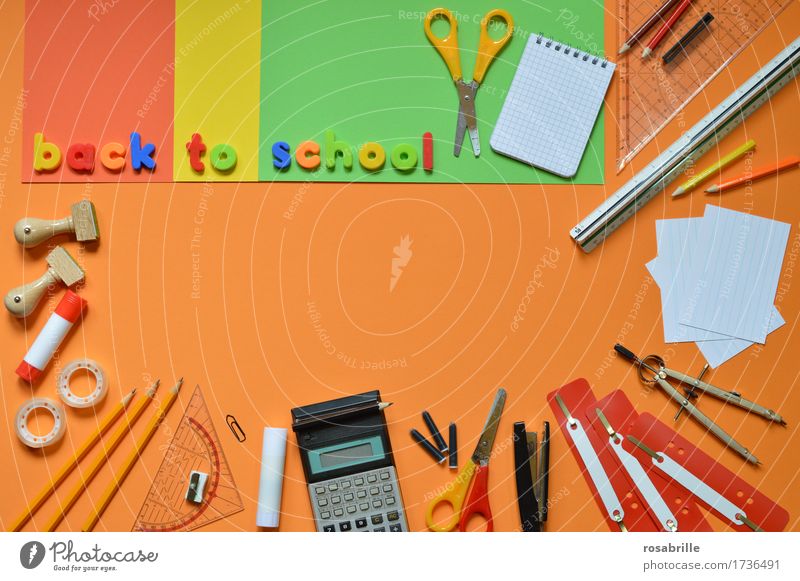 Schulanfang - bunte Schulutensilien auf orangem Hintergrund mit den Worten BACK TO SCHOOL Bildung Schule lernen Hausaufgabe Arbeitsplatz Schreibwaren Papier