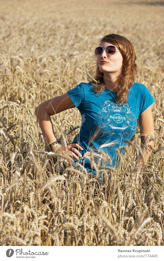 nach der Ernte Farbfoto Außenaufnahme Tag Porträt Blick nach vorn Mensch feminin Junge Frau Jugendliche 1 18-30 Jahre Erwachsene Sonnenlicht Feld T-Shirt