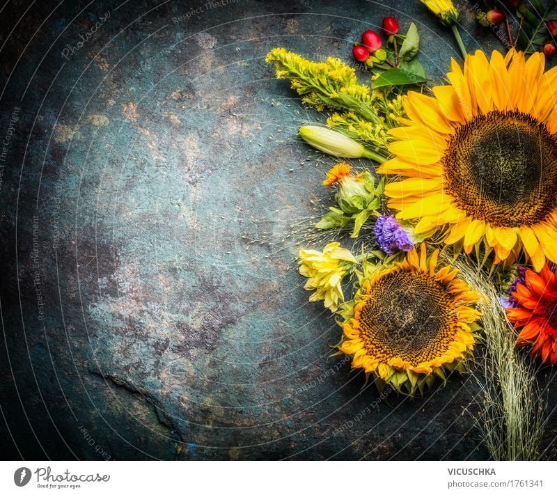 Herbst Blumenstrauß mit Sonnenblumen Stil Design Sommer Dekoration & Verzierung Feste & Feiern Erntedankfest Natur Pflanze Blatt Blüte retro gelb