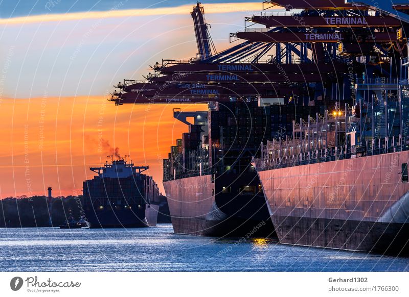 Containerschiffe im Hamburger Hafen bei Nacht Industrie Wasser Sonnenaufgang Sonnenuntergang Hafenstadt Verkehr Verkehrsmittel Schifffahrt