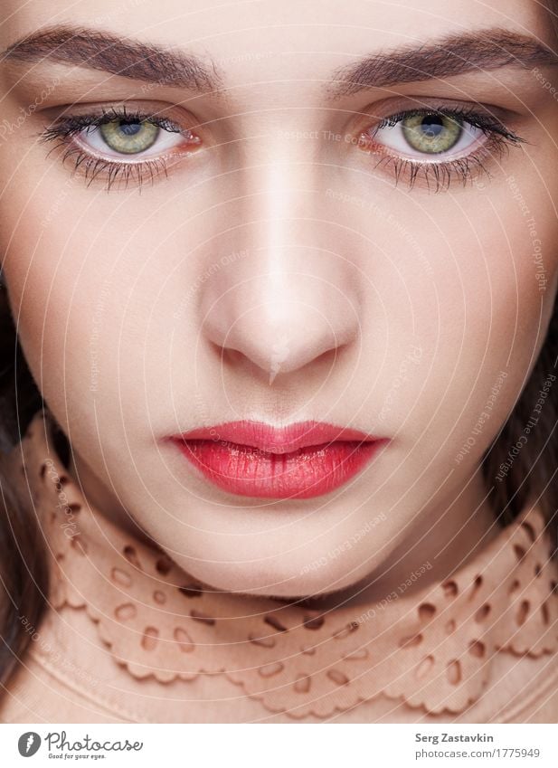 Nahaufnahmeschuß des weiblichen Gesichtes mit Tagesmake-up elegant Stil schön Haut Kosmetik Wimperntusche Mädchen Frau Erwachsene Mund Lippen Mode Kleid brünett