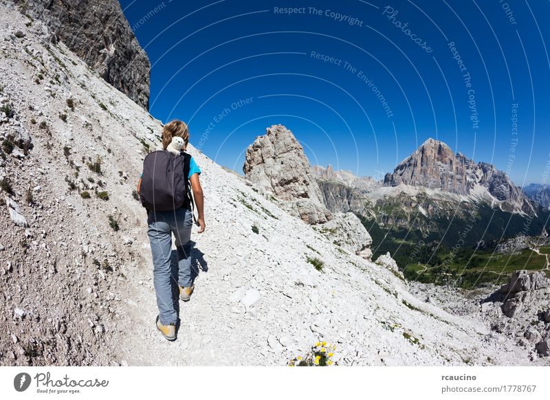 Junger Wanderer, der auf einen Gebirgspfad geht. Dolomities, Italien Freude Ferien & Urlaub & Reisen Tourismus Abenteuer Sommer Berge u. Gebirge Sport Kind Mann