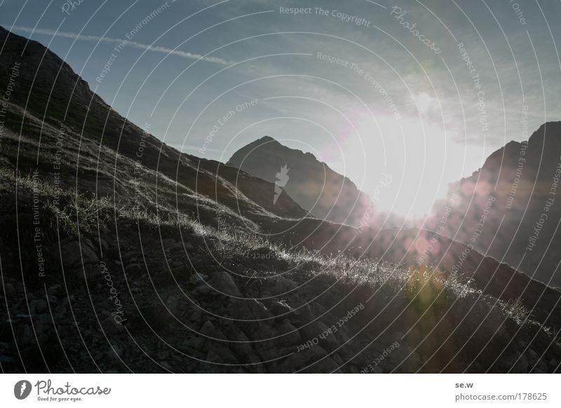 Über allen Gipfeln ist Ruh' Farbfoto Außenaufnahme Menschenleer Textfreiraum unten Silhouette Sonnenstrahlen Sonnenaufgang Sonnenuntergang Gegenlicht