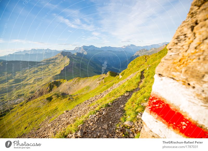 Weg Umwelt Natur Landschaft blau braun grün rot weiß Wege & Pfade Wegweiser wandern laufen Außenaufnahme Stein bemalt Berge u. Gebirge Bergkette Wiese Bergkamm