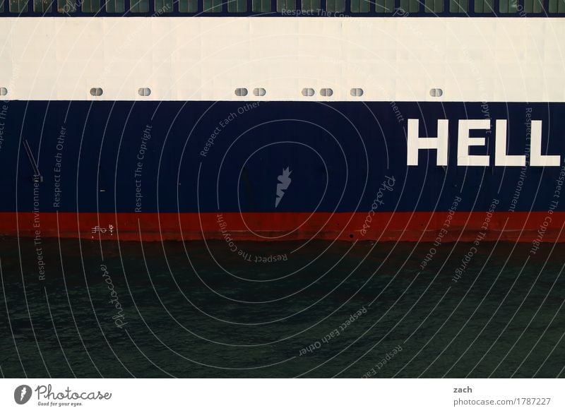 Hölle Wasser Küste Bucht hell Meer Wasserfahrzeug Schifffahrt Bootsfahrt Dampfschiff Containerschiff Zeichen Schriftzeichen Schilder & Markierungen Linie blau
