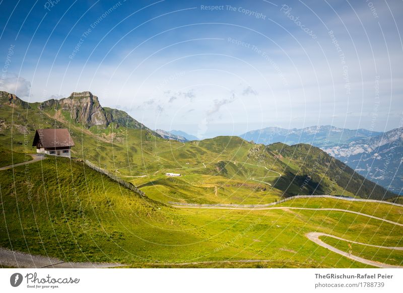 Hütte Umwelt Natur Landschaft braun grün schwarz weiß Alpen Alm Wege & Pfade Aussicht Bergen Felsen Panorama (Aussicht) Idylle Schweiz Farbfoto Außenaufnahme