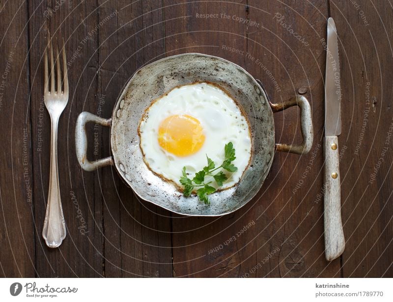 Spiegelei in einer alten Bratpfanne Kräuter & Gewürze Frühstück Pfanne frisch weiß Cholesterin Eierschale Bauernhof braten Mahlzeit Protein rustikal ungesund