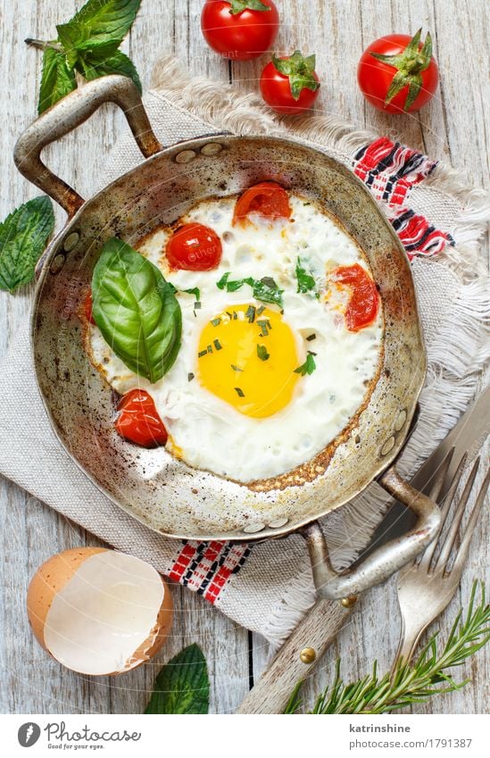 Spiegelei mit Tomaten und Kräutern Lebensmittel Milcherzeugnisse Gemüse Frühstück Abendessen Pfanne Holz frisch gelb grün rot Tierei Cholesterin kochen & garen