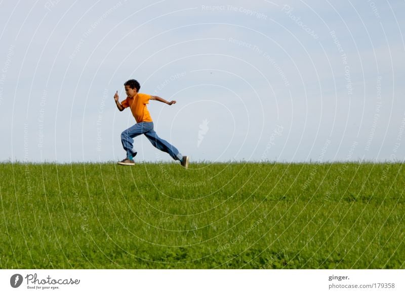 Endspurt (über die Wiese sprintender Junge) Freizeit & Hobby Natur Landschaft Himmel Sommer Schönes Wetter Gras Jeanshose Turnschuh laufen rennen sportlich