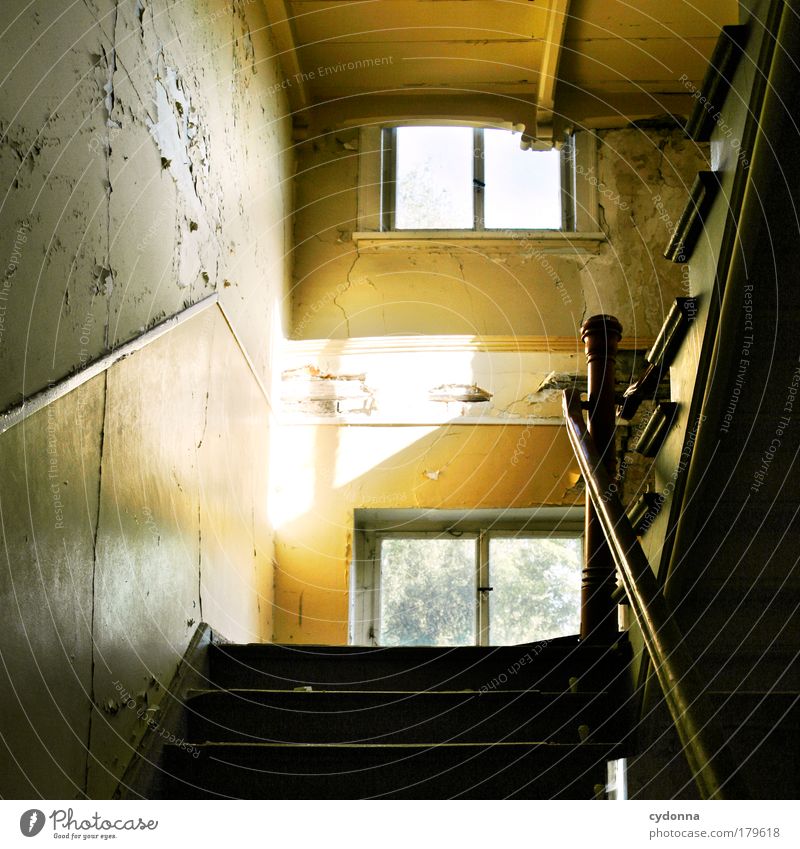 Treppenaufgang Farbfoto Innenaufnahme Detailaufnahme Menschenleer Textfreiraum links Tag Licht Schatten Kontrast Sonnenlicht Zentralperspektive Totale