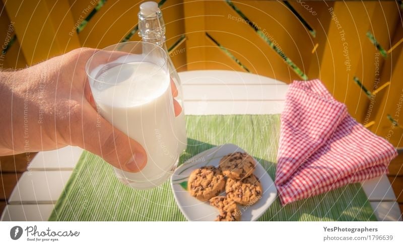 Milch und Kekse zum Frühstück Dessert Süßwaren Picknick Glas Lifestyle Tisch frisch weiß Tradition Amerikaner Hintergrund heiter Plätzchen Molkerei trinken