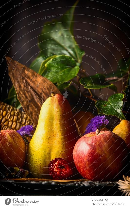 Herbstfrüchte auf einem dunklen rustikalen Küchentisch Lebensmittel Frucht Ernährung Bioprodukte Vegetarische Ernährung Stil Design Gesunde Ernährung Tisch