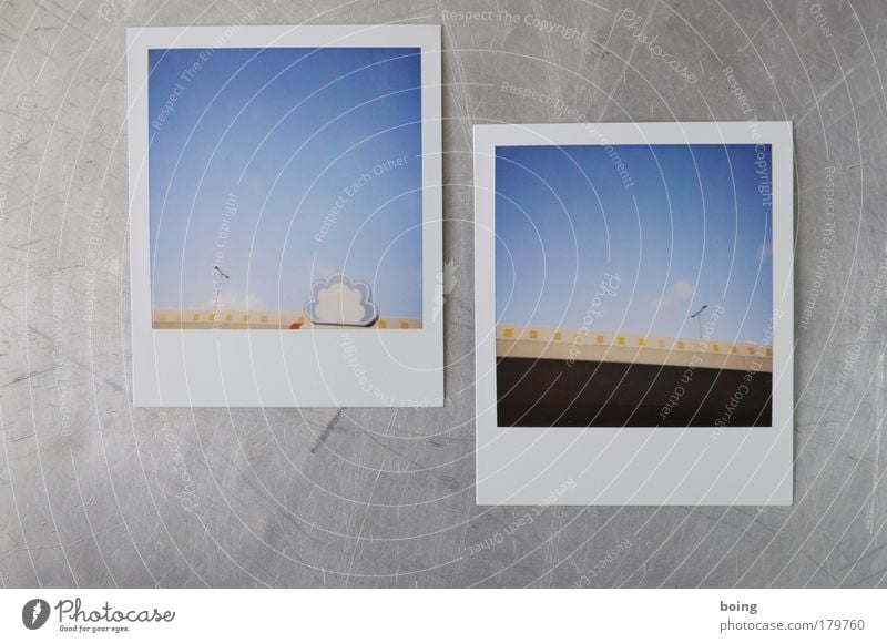 Integralfilmbilder Polaroid Sonnenlicht Brücke Bauwerk Gebäude Architektur Mauer Wand Laterne Verkehrswege Straßenverkehr Ornament Nervosität Sprechblase