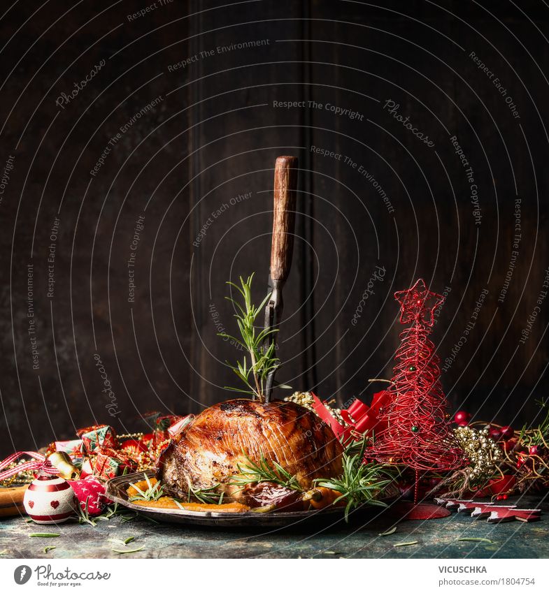 Schinkenbraten für Weihnachtsessen Lebensmittel Fleisch Ernährung Festessen Geschirr Gabel Stil Design Häusliches Leben Tisch Veranstaltung Restaurant