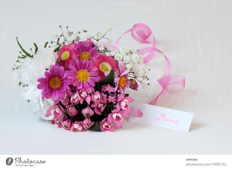 Blumenstrauß in weiß und rosa und Schild mit Aufschrift Mama Mutter Muttertag Dekoration & Verzierung Vergißmeinnicht Gänseblümchen Schleierkraut Bourvadie