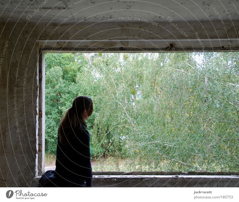 Blick ins Grüne aus einem verlorenen Ort Raum Junge Frau 1 Natur Ruine Plattenbau beobachten stehen grau grün Gefühle Fensterblick Innere Kraft Gedeckte Farben