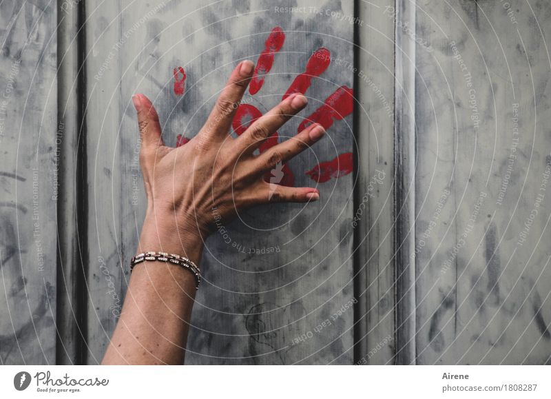 Spuren hinterlassen feminin Hand Finger Tür Armband Schmuck Zeichen Graffiti Fingerabdruck dunkel rot Entsetzen Todesangst gefährlich Rache Gewalt Angst Farbe