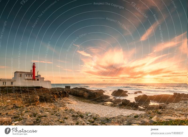 Cabo Raso Landschaft Schönes Wetter Felsen Wellen Küste Strand Meer Portugal Leuchtturm historisch maritim blau braun orange rot weiß Horizont Sicherheit